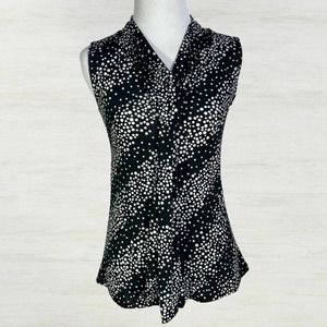 American City Wear Tie Neck Top SMALL Sleeveless Blouse Black & White Dot Shirt